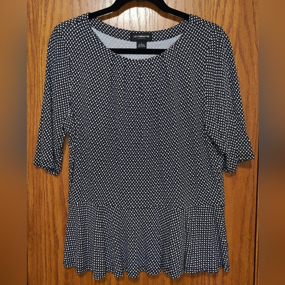 Women's Liz Claiborne Black Geometric Ruffle Hem Top, Size L - Picture 1 of 6